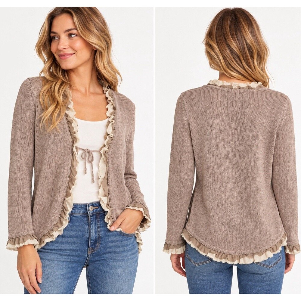 Boden Ruffle Trim Linen Blend Cardigan Sweater Tie Front Taupe Tan Size Medium